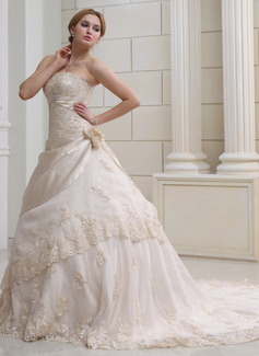 Ball-Gown Strapless Chapel Train Charmeuse Lace Wedding Dress With Ruffle Beadwork Flower(s) (002000356)