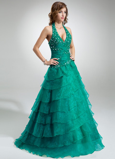 Ball-Gown Halter Floor-Length Organza Quinceanera Dress With Ruffle Lace Beading (021016403)