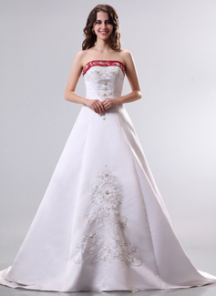 A-Line/Princess Strapless Court Train Satin Wedding Dress With Embroidery Sashes Beadwork (002014296)