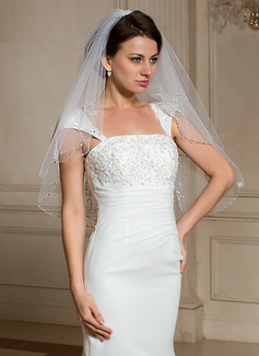 Fingertip Veils Tulle Two-tier Beaded Edge Wedding Veils With Angel Cut/Waterfall (006024468)