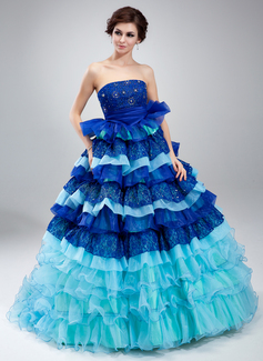 Ball-Gown Strapless Court Train Organza Lace Quinceanera Dress With Ruffle Beading (021018809)