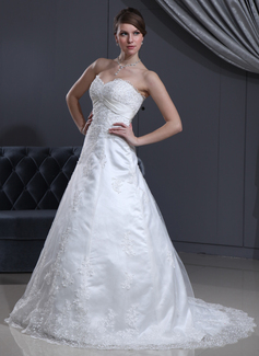 A-Line/Princess Sweetheart Court Train Satin Tulle Wedding Dress With Lace Beadwork (002000126)
