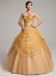 Ball-Gown Sweetheart Floor-Length Tulle Sequined Quinceanera Dress With Ruffle (021004561)