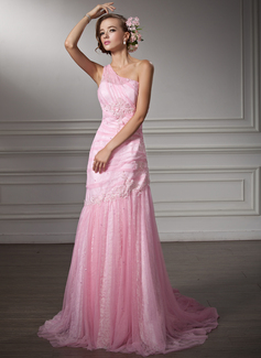 Sheath/Column One-Shoulder Court Train Satin Tulle Wedding Dress With Ruffle Lace Beadwork (002011380)