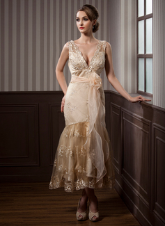 Sheath/Column V-neck Ankle-Length Organza Satin Lace Wedding Dress With Sashes Beadwork Flower(s) (002011719)