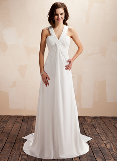Empire V-neck Watteau Train Chiffon Wedding Dress With Ruffle (002012664)