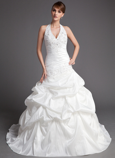 Ball-Gown Halter Chapel Train Taffeta Wedding Dress With Ruffle Lace Beadwork (002001447)
