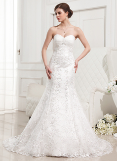 Mermaid Sweetheart Court Train Satin Tulle Wedding Dress With Ruffle Lace Beadwork (002012829)