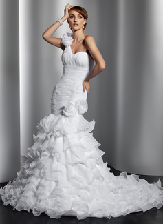 Mermaid One-Shoulder Court Train Organza Wedding Dress With Ruffle Flower(s) (002014797)