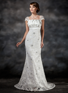 Mermaid Scalloped Neck Sweep Train Charmeuse Lace Wedding Dress With Ruffle Beadwork Sequins (002022561)