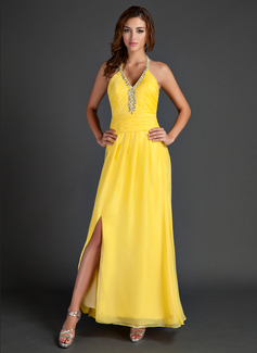 A-Line/Princess Halter Ankle-Length Chiffon Holiday Dress With Ruffle Beading (020015530)