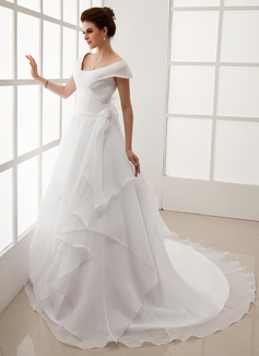 A-Line/Princess Off-the-Shoulder Court Train Organza Wedding Dress With Ruffle (002012708)