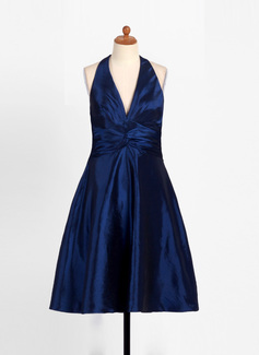 A-Line/Princess Halter Tea-Length Taffeta Junior Bridesmaid Dress With Ruffle (009022492)