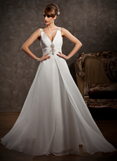 A-Line/Princess V-neck Watteau Train Chiffon Wedding Dress With Ruffle Beadwork (002011631)
