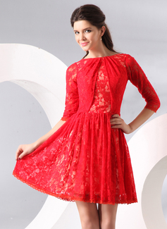 A-Line/Princess Scoop Neck Short/Mini Lace Homecoming Dress With Ruffle (022014090)