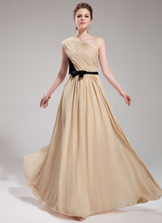 A-Line/Princess One-Shoulder Floor-Length Chiffon Charmeuse Evening Dress With Ruffle Sash (017019730)