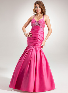 Mermaid Halter Floor-Length Taffeta Prom Dress With Ruffle Beading (018002521)