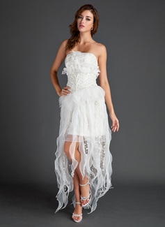 A-Line/Princess Strapless Asymmetrical Organza Prom Dress With Lace Beading (018015556)