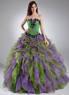 Ball-Gown Scalloped Neck Floor-Length Organza Satin Quinceanera Dress With Lace Beading Flower(s) (021015944)