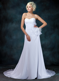A-Line/Princess Sweetheart Court Train Chiffon Wedding Dress With Ruffle Lace Beadwork Flower(s) (002001216)