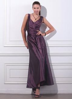 A-Line/Princess V-neck Ankle-Length Taffeta Evening Dress With Ruffle (017012861)