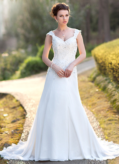 A-Line/Princess V-neck Chapel Train Chiffon Wedding Dress With Lace Beadwork Sequins (002000159)