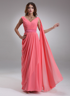 A-Line/Princess V-neck Floor-Length Chiffon Charmeuse Evening Dress With Ruffle (017022552)