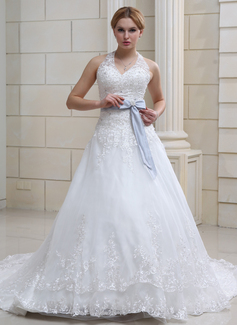 Ball-Gown Halter Chapel Train Organza Satin Wedding Dress With Lace Sashes Crystal Brooch (002011690)