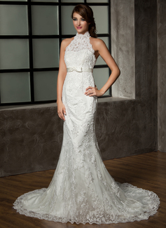 Mermaid Sheath/Column Halter Chapel Train Satin Tulle Wedding Dress With Lace (002011461)