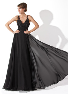 A-Line/Princess V-neck Floor-Length Chiffon Tulle Prom Dress With Ruffle Lace Beading (018005092)
