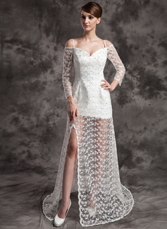 A-Line/Princess Off-the-Shoulder Sweep Train Satin Lace Wedding Dress With Beadwork (002024084)