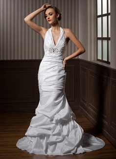 Mermaid Halter Court Train Taffeta Wedding Dress With Ruffle Beadwork (002001271)