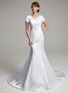 Mermaid V-neck Chapel Train Satin Wedding Dress With Ruffle Lace (002001670)
