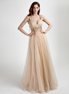 A-Line/Princess V-neck Floor-Length Tulle Prom Dress With Ruffle Beading (018015818)
