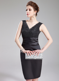Sheath V-neck Knee-Length Charmeuse Lace Cocktail Dress With Ruffle (016008284)