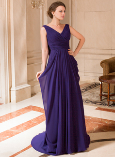 A-Line/Princess V-neck Court Train Chiffon Mother of the Bride Dress With Ruffle (008024441)