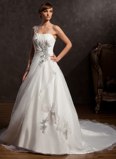 Ball-Gown One-Shoulder Cathedral Train Organza Satin Wedding Dress With Embroidery Ruffle Beadwork (002015166)