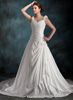 A-Line/Princess Sweetheart Chapel Train Taffeta Wedding Dress With Ruffle Flower(s) (002011590)