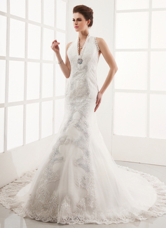 Mermaid Halter Chapel Train Satin Tulle Wedding Dress With Lace Beadwork (002001251)