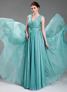 A-Line/Princess V-neck Floor-Length Chiffon Tulle Evening Dress With Ruffle Beading Appliques (017019725)