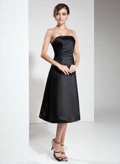 A-Line/Princess Strapless Tea-Length Satin Little Black Dress With Ruffle (043004245)