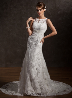 Mermaid Scoop Neck Chapel Train Satin Lace Wedding Dress With Lace Beadwork (002004770)