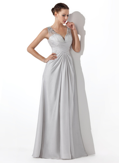 A-Line/Princess V-neck Floor-Length Tulle Charmeuse Prom Dress With Ruffle Beading (018004815)