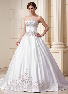 Ball-Gown Sweetheart Chapel Train Satin Wedding Dress With Embroidery Beadwork Sequins (002011761)