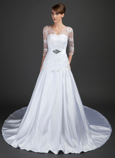 A-Line/Princess V-neck Cathedral Train Satin Tulle Wedding Dress With Lace Beadwork Sequins (002015367)