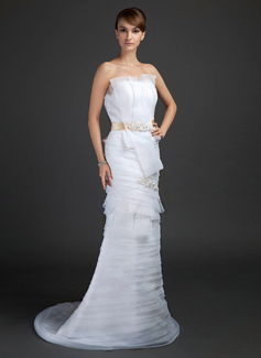 Sheath/Column Scalloped Neck Sweep Train Organza Satin Wedding Dress With Lace Sashes (002015361)