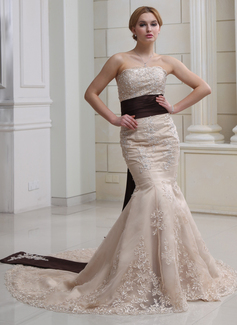 Mermaid Strapless Court Train Satin Wedding Dress With Lace Sashes Beadwork Sequins (002012894)