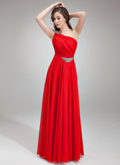 A-Line/Princess One-Shoulder Floor-Length Chiffon Evening Dress With Ruffle Beading (017018785)