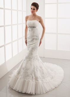 Mermaid Sweetheart Chapel Train Satin Tulle Wedding Dress With Ruffle Lace Beadwork (002001281)