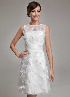 Sheath/Column Scoop Neck Knee-Length Organza Satin Wedding Dress With Feather (002011489)
